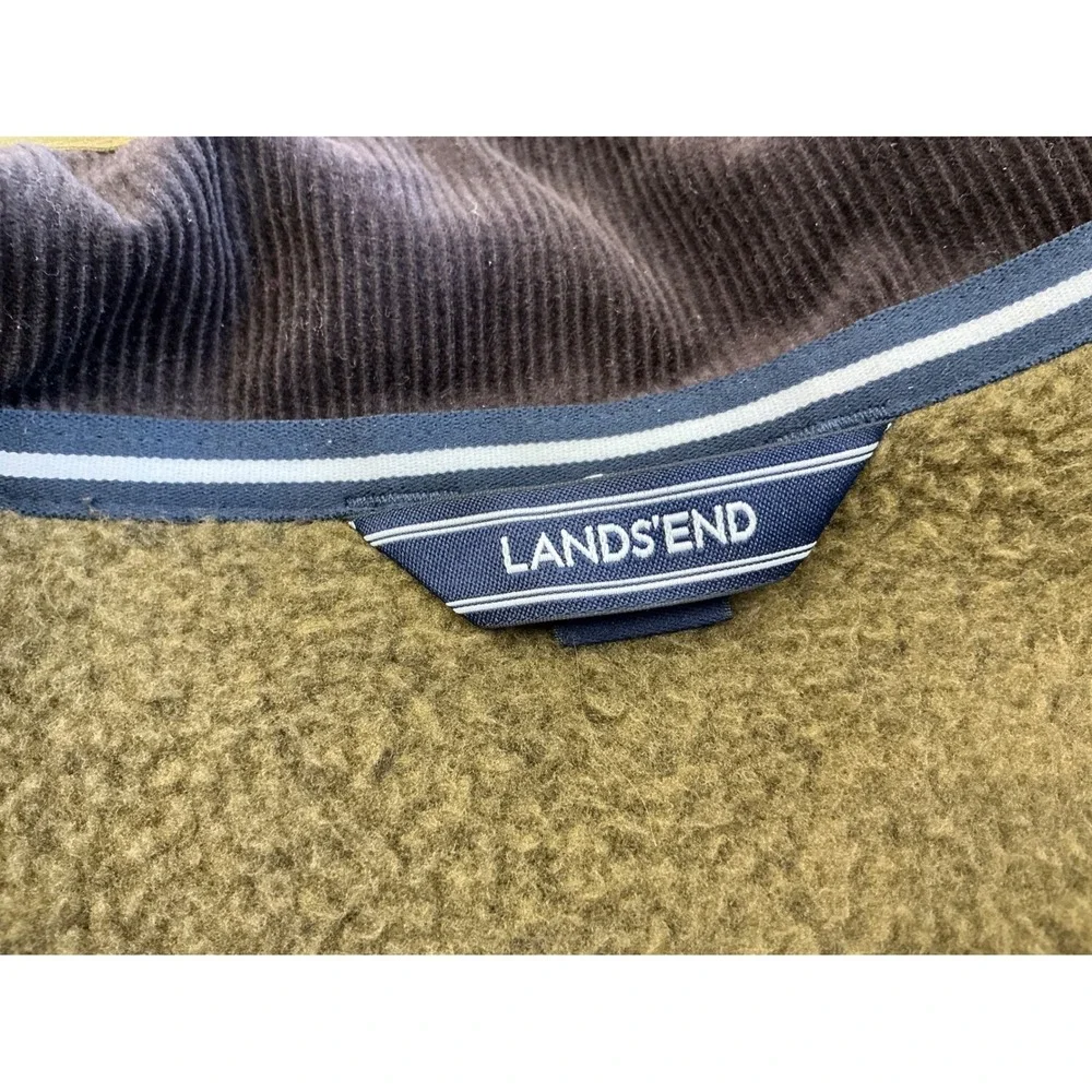 Lands End Quarter Zip Fleece Pullover Sherpa Lined Corduroy Collar Olive L